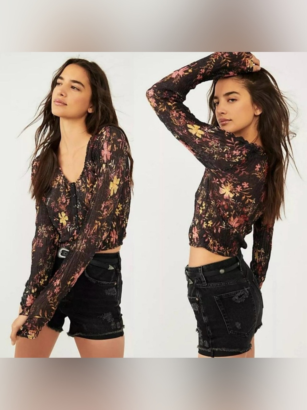 Free People Angelina Crop Top Floral Crinkle Button Front Long Sleeve Small